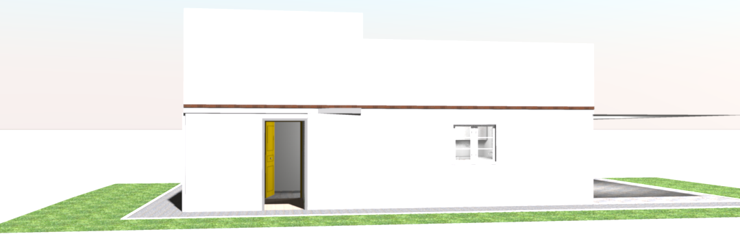 Vue extérieure façade blanche avec porte jaune