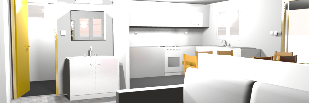 Vue intérieure salle de bain et cuisine avec équipements